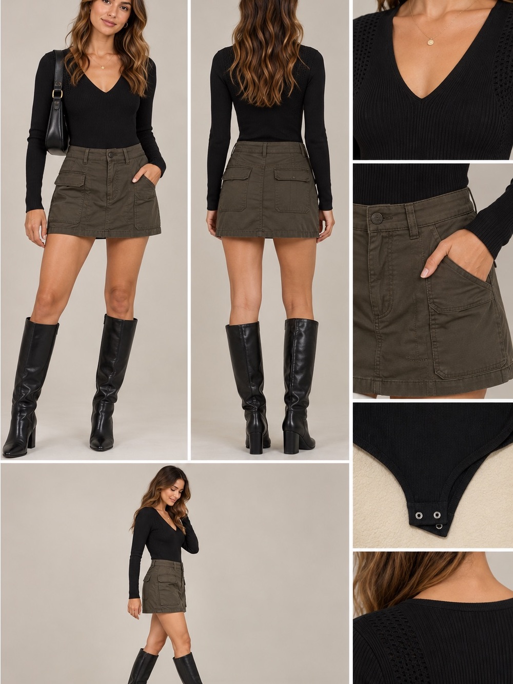 House of Harlow 1960 Textured Knit V Neck Sweater Bodysuit Black Size Medium